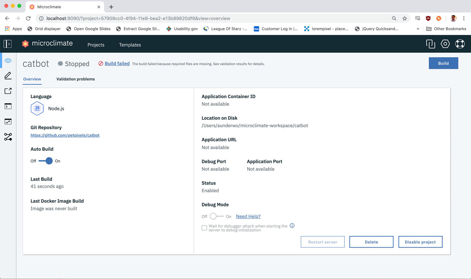 Screenshot of Microclimate Running in a Development Environment