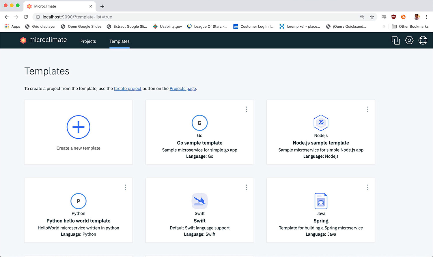 Screenshot of Microclimate Running in a Development Environment