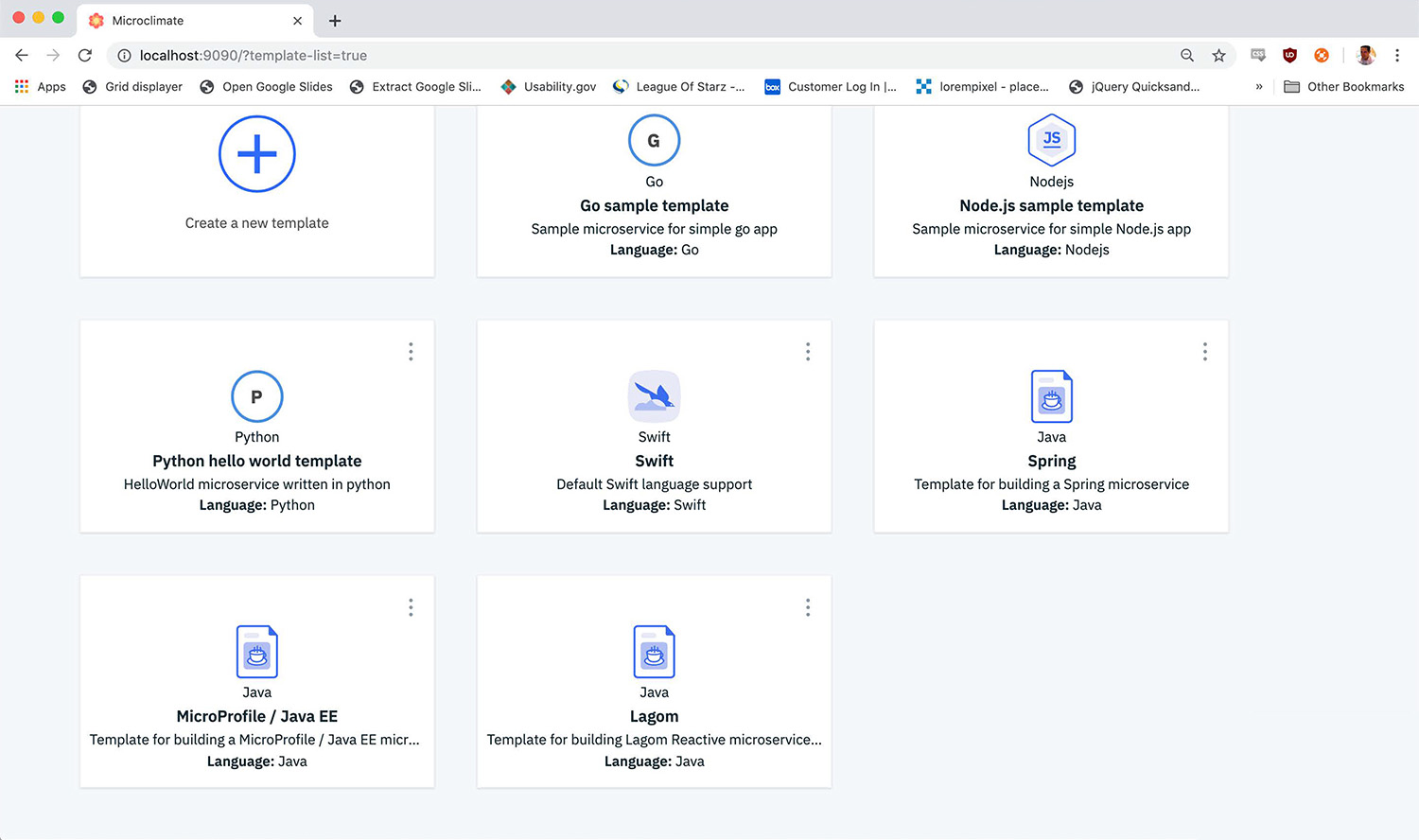 Screenshot of Microclimate Running in a Development Environment