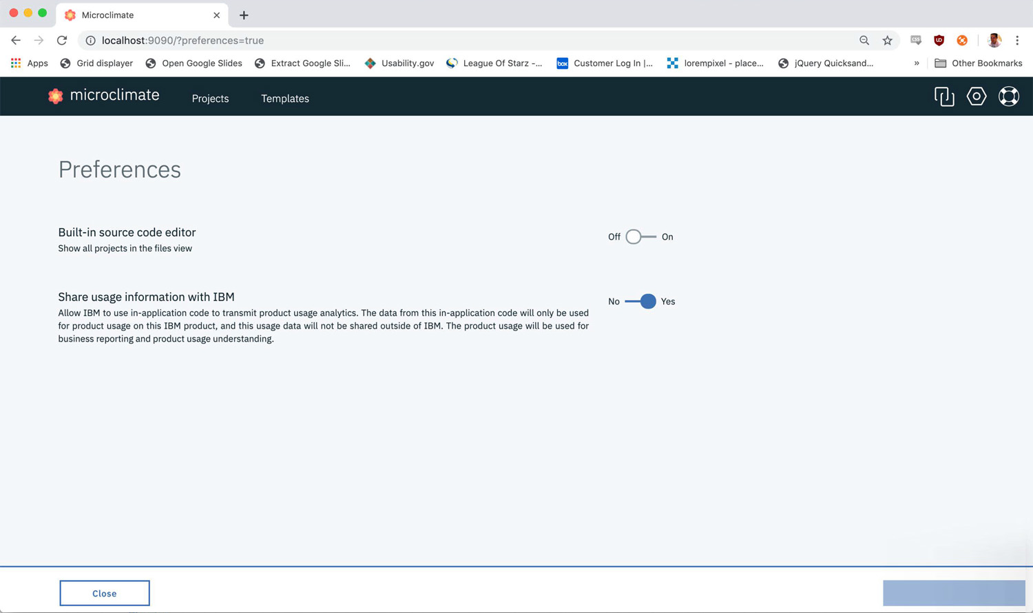 Screenshot of Microclimate Running in a Development Environment