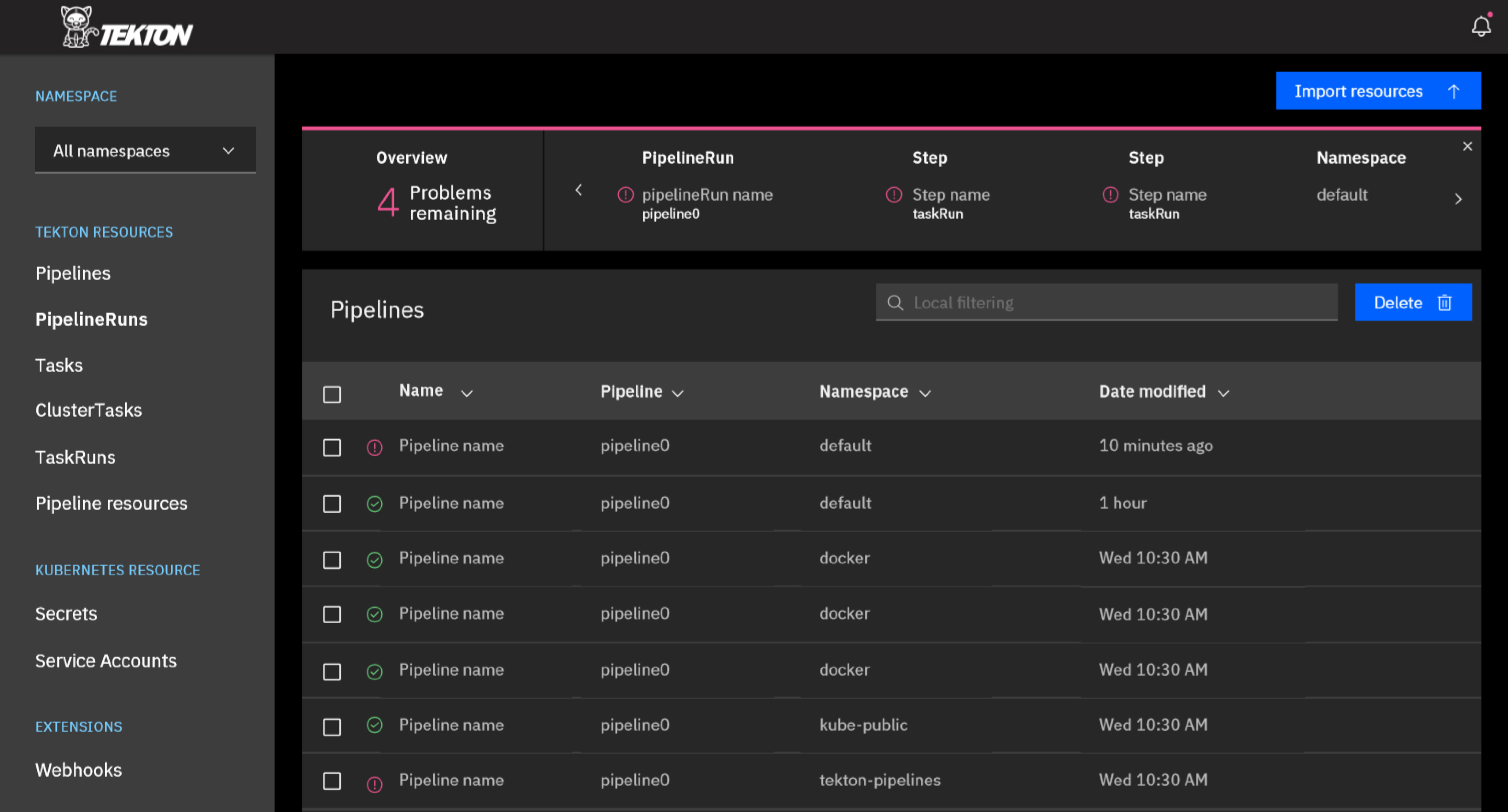 Screenshot of Tekton Dashboard - Dark Mode