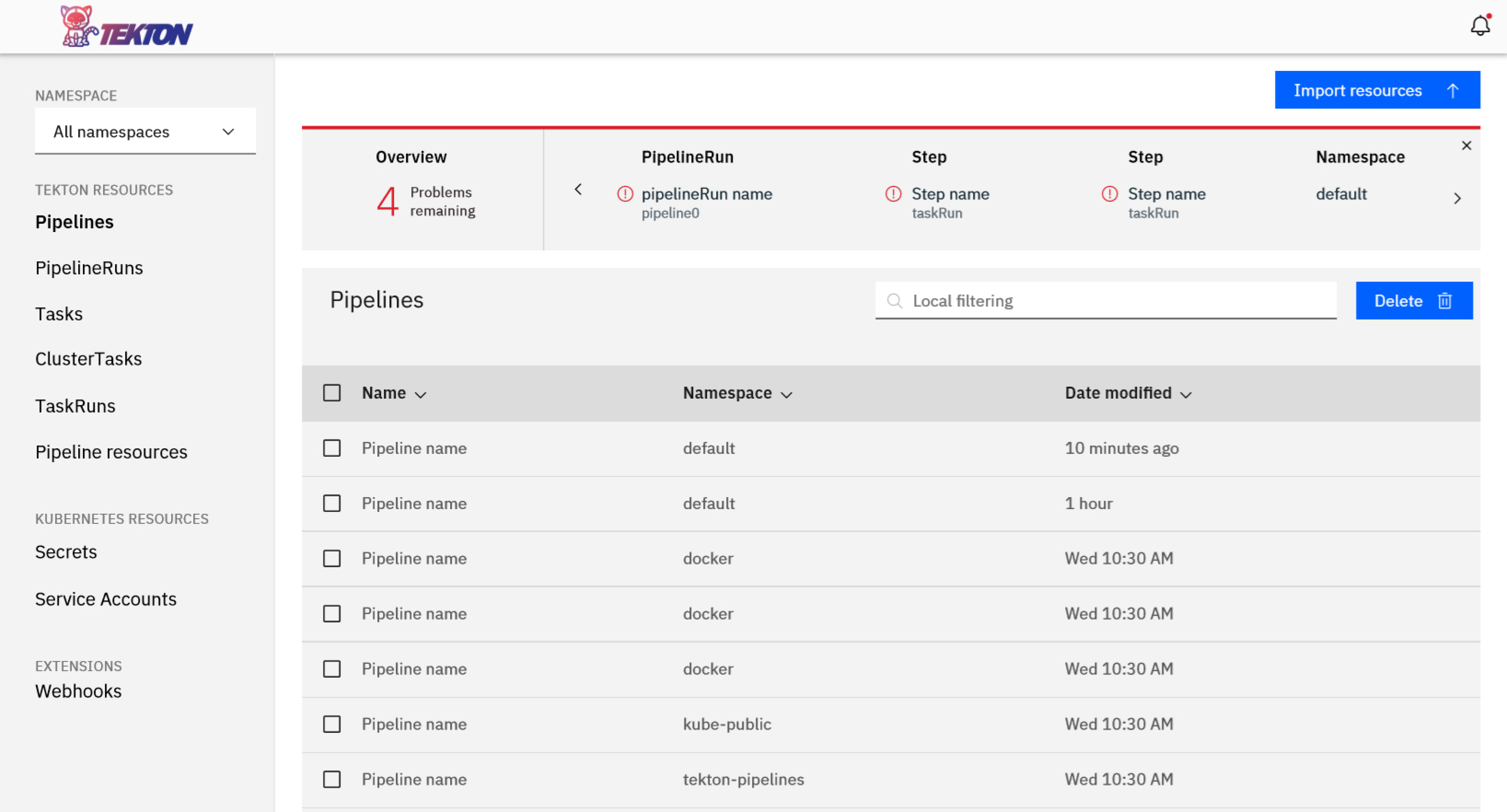Screenshot of Tekton Dashboard - Light Mode